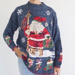 Vintage Tiara Blue Knit Santa Snowflakes Stockings Beaded Holiday Sweater M